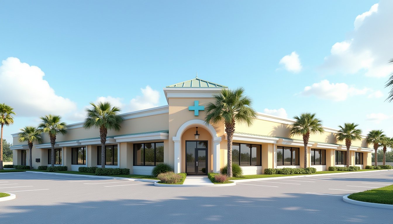 A medical-office complex in Fort Myers, Florida — palm trees, parking, glass front.